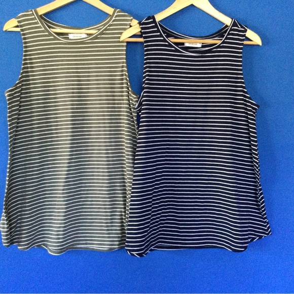 Coco & Tashi Approx Large Striped Rayon Blend Stretch Tank Tops Green and Navy - Picture 1 of 8